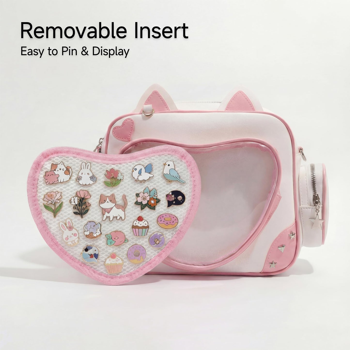 SUSTRALO Pink Cat Ita Bag Backpack with Insert, Kawaii Heart Clear Window Pin Display Backpack, Convertible PU Leather Ita Shoulder Crossbody Bag for Anime Collection
