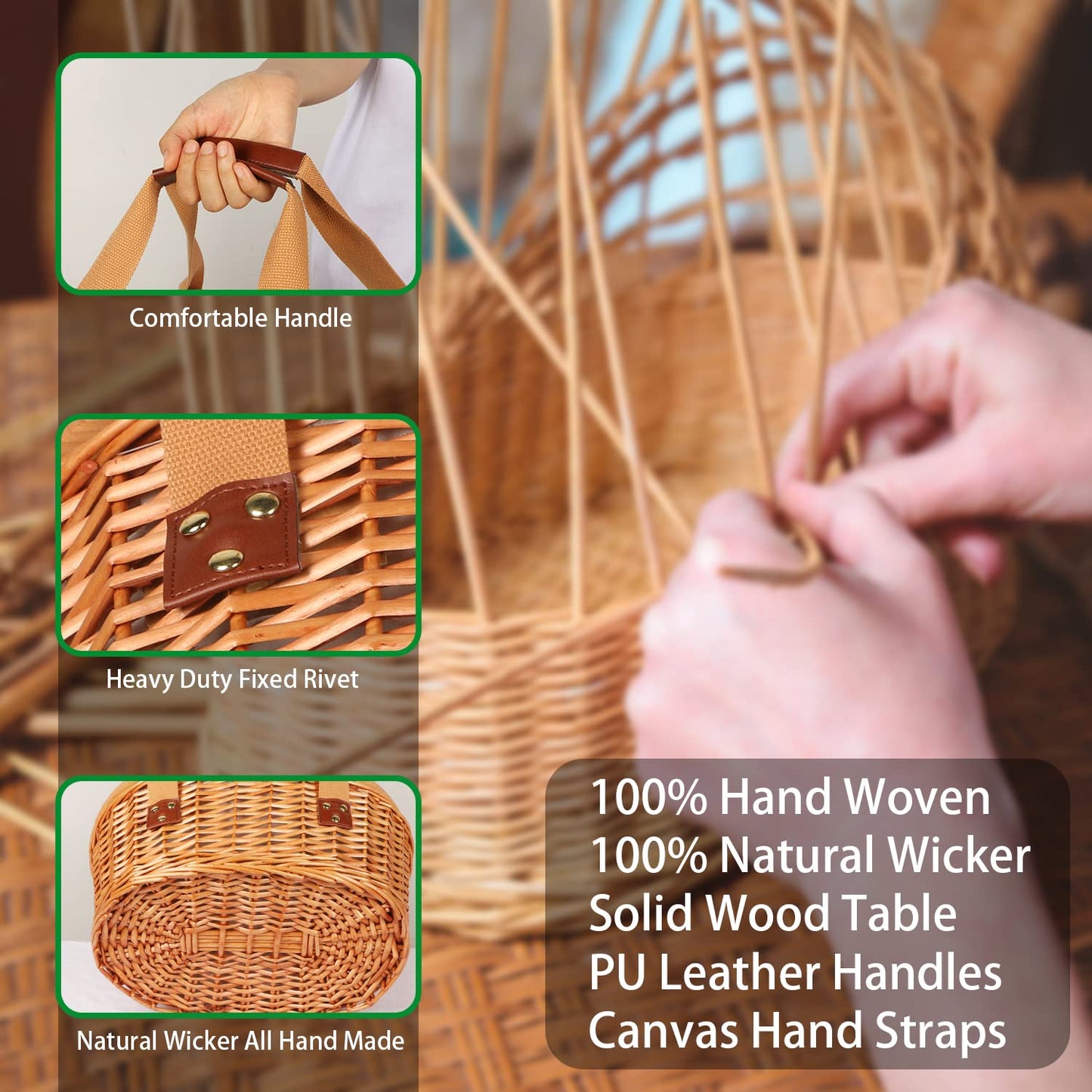 Hap Tim Wicker Picnic Basket Set for 4 with Mini Folding Wine Picnic Table & Large Insulated Cooler Bag & Cutlery Service Kits for 4 Person, Couples Gifts, Wedding Gifts (Y2209-4-GR)