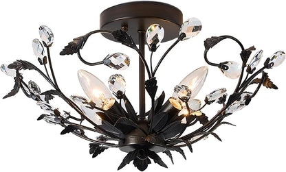 Vintage Crystal Ceiling Light Fixture, Black, 4-Light, C1973-4, 12x7.5x12 inches, Modern, Indoor, Flush Mount, Dimmable, Kitchen, Hallway, Living Room