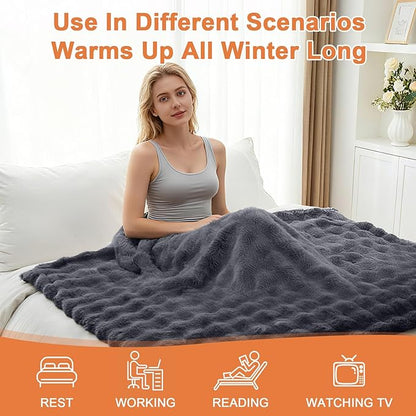 Heated Blanket Electric Throw Blanket 84''X 90''-Heating Blanket with 6 Heat Settings-10 Hours Auto Off,Cozy Faux Rabbit Fur Bubble Electric Blanket,Dark Gray