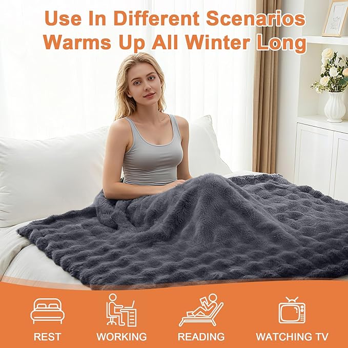 Heated Blanket Electric Throw Blanket 72''X 84''-Heating Blanket with 6 Heat Settings-10 Hours Auto Off,Cozy Faux Rabbit Fur Bubble Electric Blanket,Dark Gray