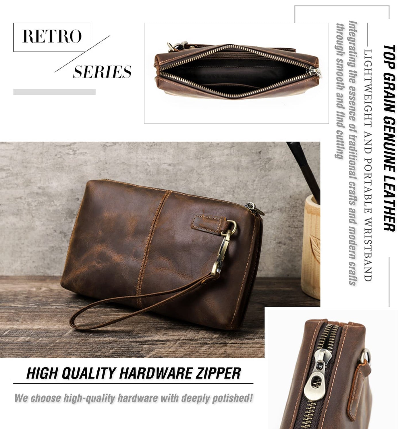 Top Grain Genuine Leather Clutch Wallet with Wristlet for Man & Woman, Handmade Simple Retro Vintage Design, Multi Pockets & Card Slots, RFID Large Capacity for Cards/ID/Checks/Banknote/Phone, Coffee