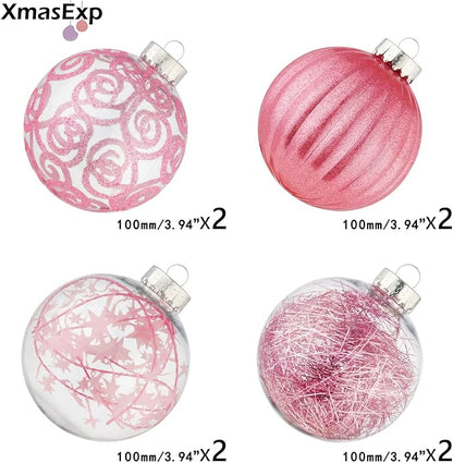 XmasExp 8ct Christmas Ball Ornaments Set -Large Clear Plastic Shatterproof Xmas Tree Ball Hanging Baubles Stuffed Delicate Glittering for Holiday Wedding Xmas Party Decoration (100mm/3.94",Pink)