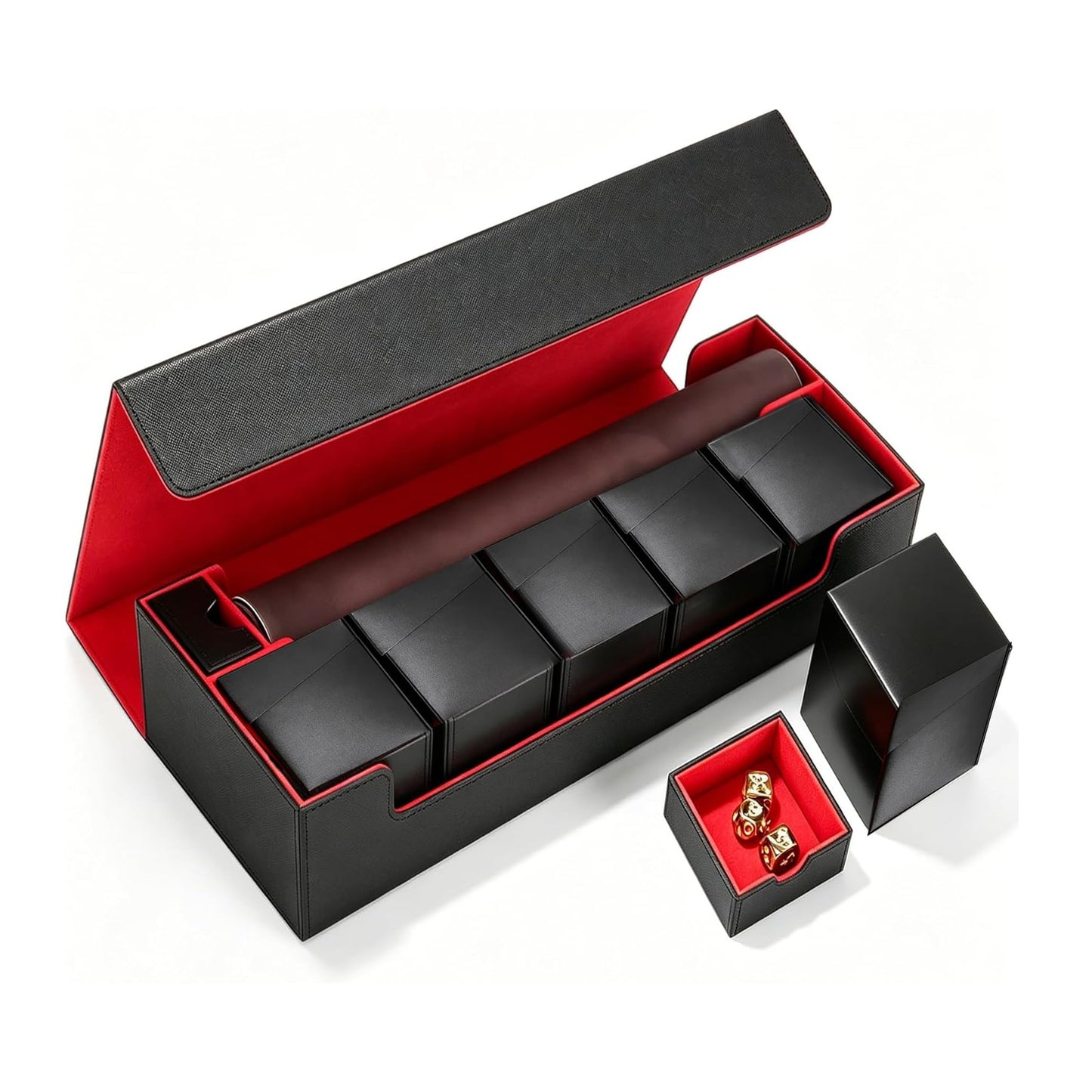 Scimi Premium Trading Card Storage Case with 5 Individual Deck Cases, Large MTG Commander Deck Box Holds 1800+ Cards, PU Leather Organizer for TCG & Sports Card Collections (Black & Red)
