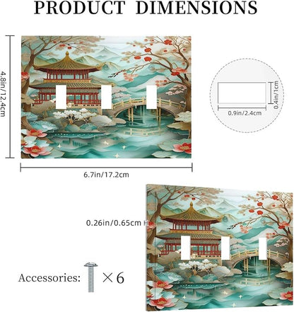 Asian Palace Traditional Bridge Cherry Blossoms Light Switch Covers 3 Gang Triple Toggle Wall Plate Decorative Switchplate Electrical Faceplate for Farmhouse Living Decor