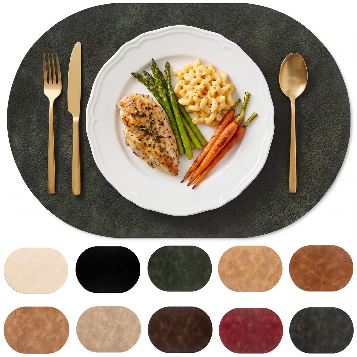 BIPASION Oval Placemats 2mm Ultra Thick Faux Leather Table Mats, Heat Resistant Waterproof Wipeable Dining Mats for Kitchen Table, Set of 6, Olive Green