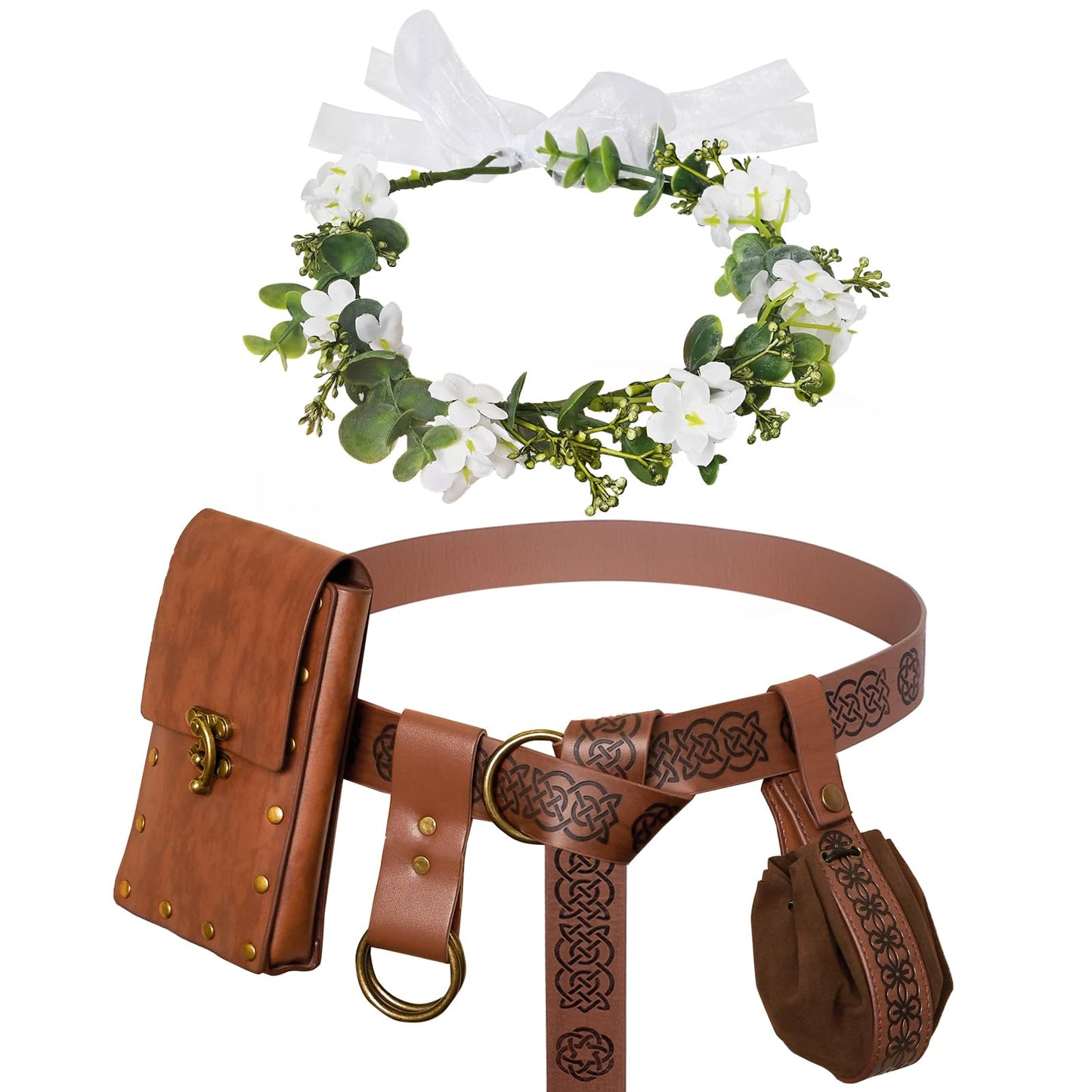 Renaissance Belt Pouch Set, Medieval Accessories, Pirate Belt with Coin Purse & Floral Headpiece for Cosplay (Brown)