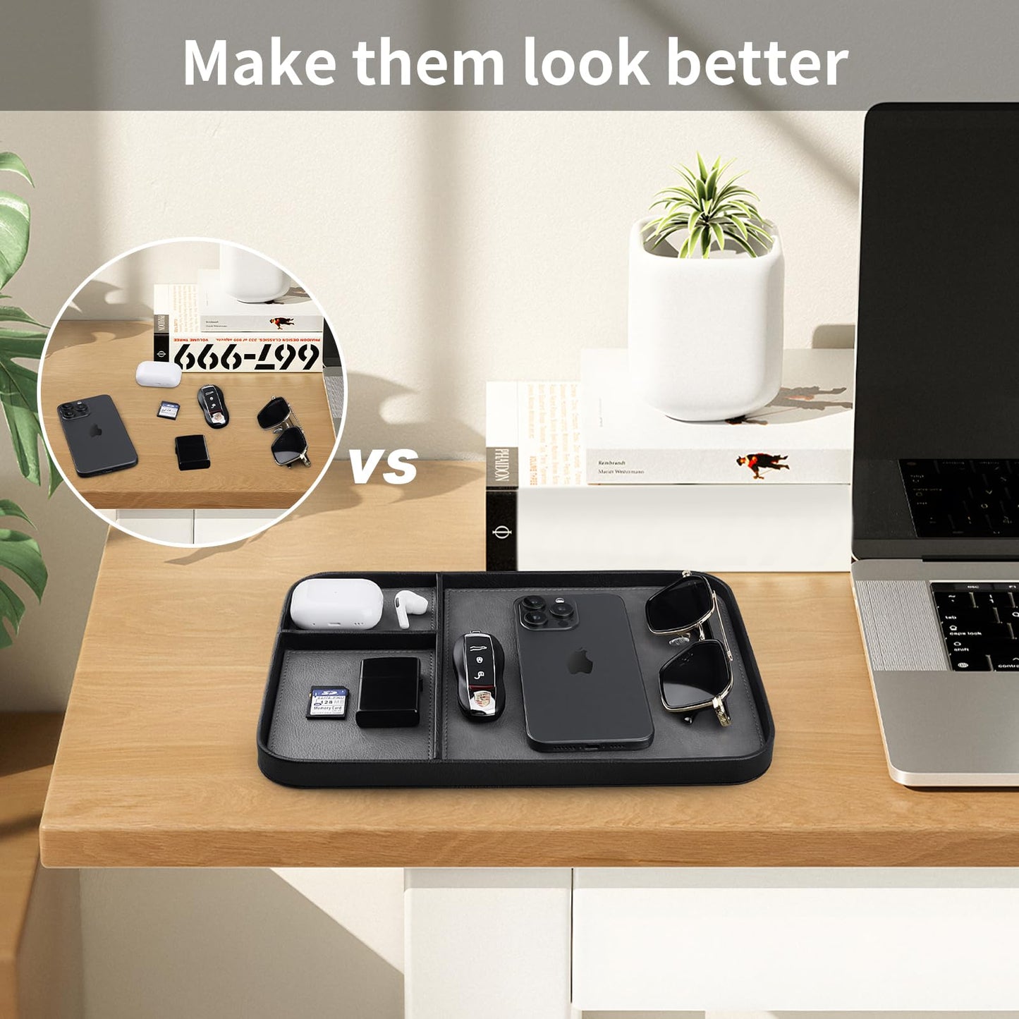 SENEN Leather Tray, Stylish and Organized Multifunctional Tray, for Table Entryway, Premium PU Leather, Catchall Tray for Keys, Watch, Wallet, Jewelry, and More (Black Frame)