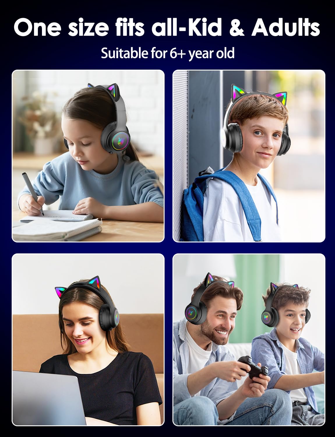 ONITOON Cat Ear Bluetooth Headphones for Kids & Adults, 55H Play Time, Wireless Foldable & Wired Multi-Function LED Light Up Over Ear Headphones with Mic and Volume Control for iPhone/iPad/Laptop/PC