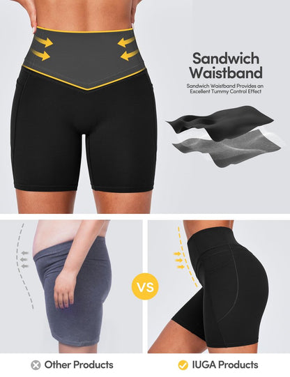 IUGA Compression Biker Shorts Women Tummy Control with Pockets Workout Shorts High Waisted Yoga Running Gym Short Spandex Black