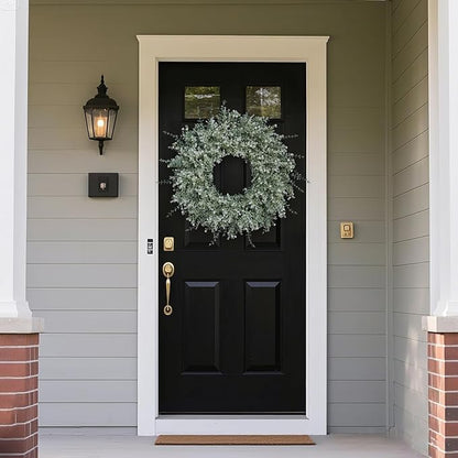 26'' Large Eucalyptus Wreath for Front Door, Porch- Artificial Eucalyptus and Lavender with Babys Breath Flowers Wreath for Home, Farmhouse Wall Decor- Spring, Summer, Fall, All Seasons (White-Green)
