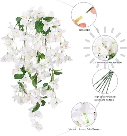 2PCS Bougainvillea Artificial Hanging Flowers Plants for Outdoors Outside Fall Decoration, Faux Silk Flowers Fake Vines UV Resistant Look Real Realistic for Front Door Porch Planter Balcony, White