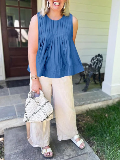 Cicy Bell Womens Summer Peplum Tops Casual Babydoll Sleeveless Cotton Tank Tops Flowy Pleated Shirts Blue