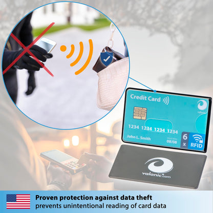 valonic set of 6 RFID blocking sleeves - transparent front, Credit Card Protector sleeve for wallet - Protection block for Debit Card and Metro Card