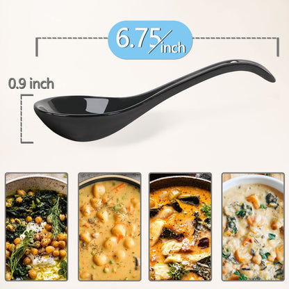 Wareland Black Ceramic Soup Spoons Set, 6.75 inch Deep Oval Hook Design, Dishwasher Safe - Perfect for Ramen, Pho, Noodles, Stews, Wonton, Dumpling, Miso