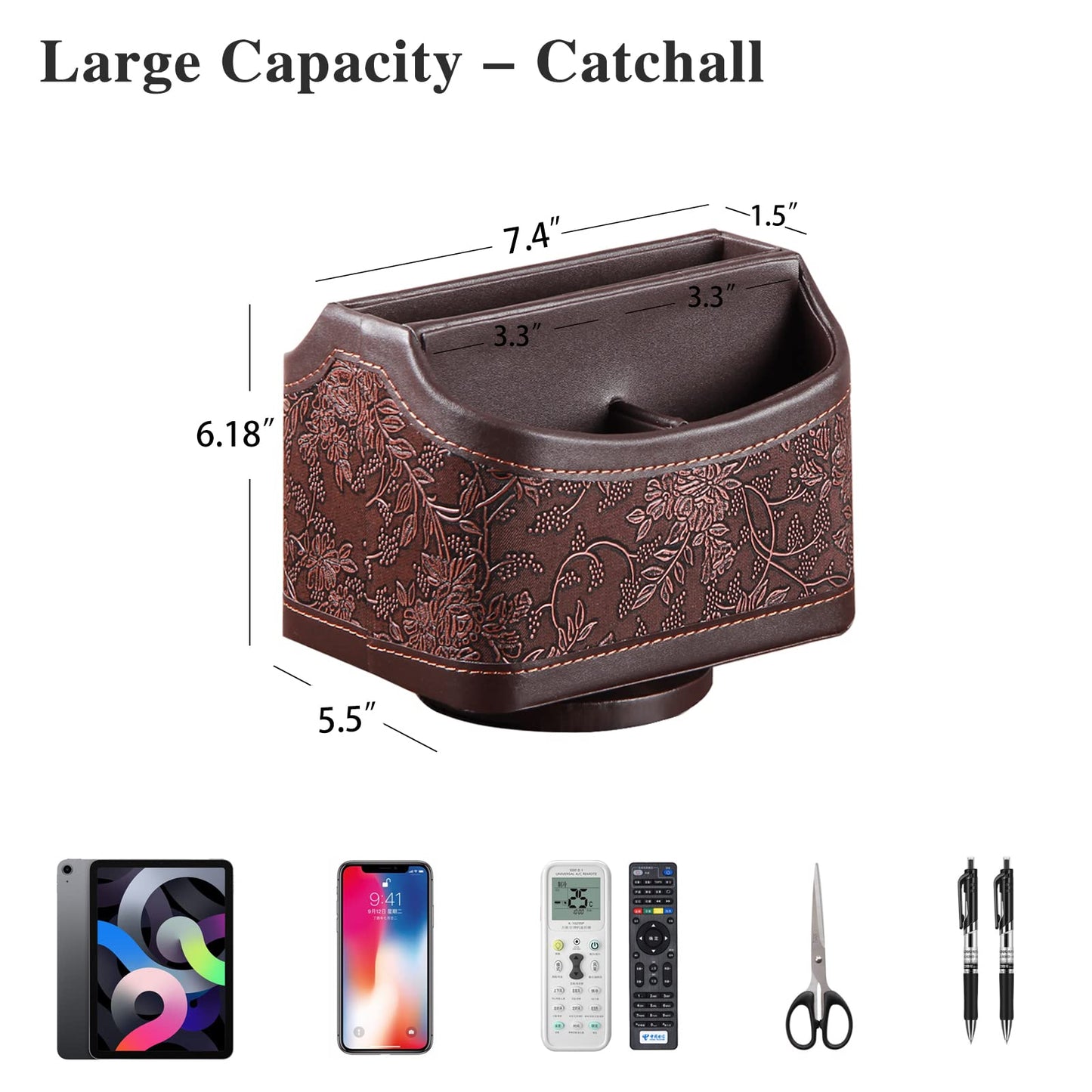 YAPISHI Antique Leather Remote Control Holder, 360 Degree Spinning Desk TV Remote Caddy/Box, Bedside Table Organizer for Controller, Media, Calculator, Mobile Phone and Pen Storage