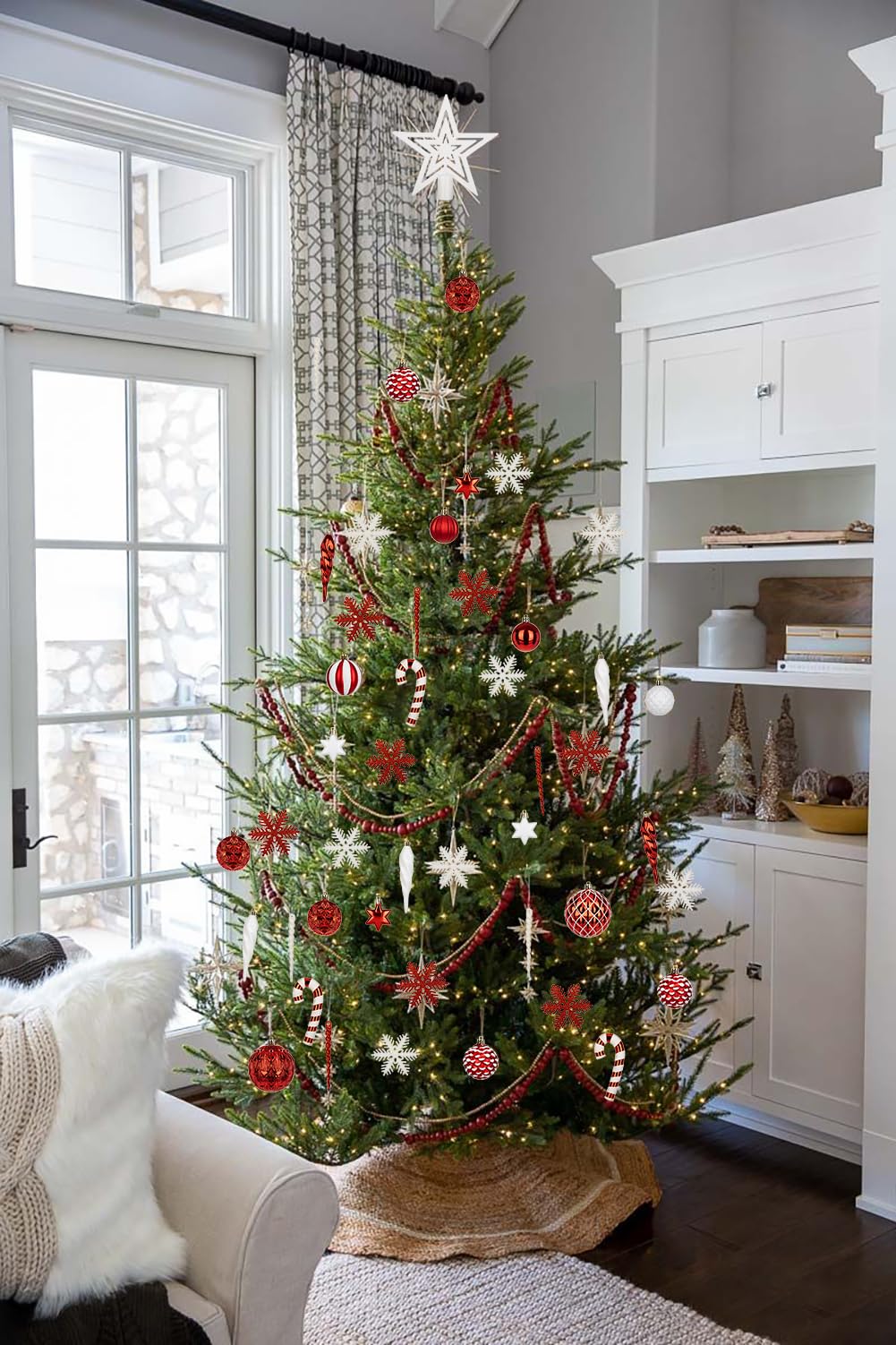 Briful 80ct Red & White Christmas Balls Ornament Set, Plastic Shatterproof Christmas Ornament Balls with Tree Topper Candy Canes Snowflakes for Xmas Tree Wreath Garland Decor