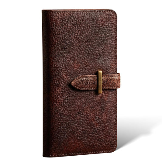RMAWRAD genuine leather long bi-fold wallet/card holder, unisex, made of full-grain cowhide, with card slots and a coin purse, dark brown.
