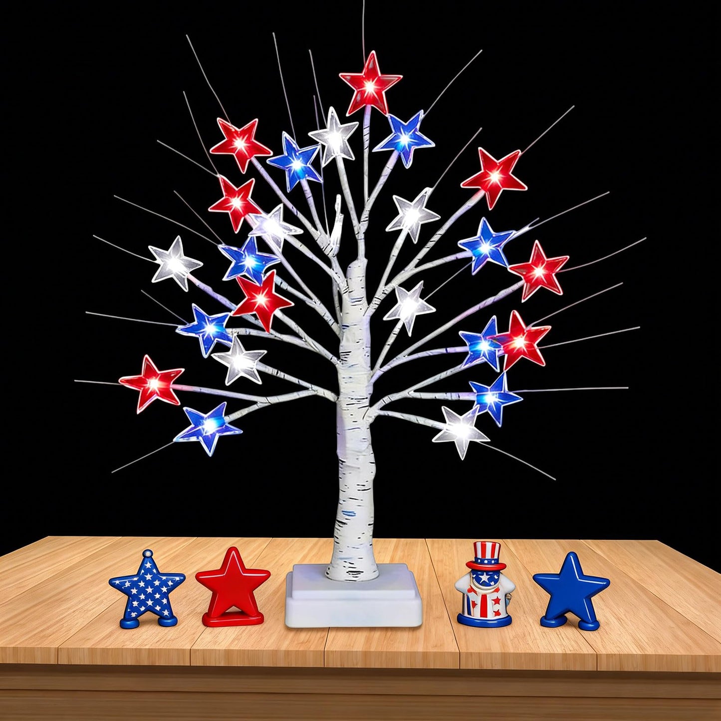 18" 4th of July Patriotic Decorations Tree with 24 LED Red White Blue Star Lights, Independence Day Lighted Tree for Home Party Festival Mantel Centerpiece Decor