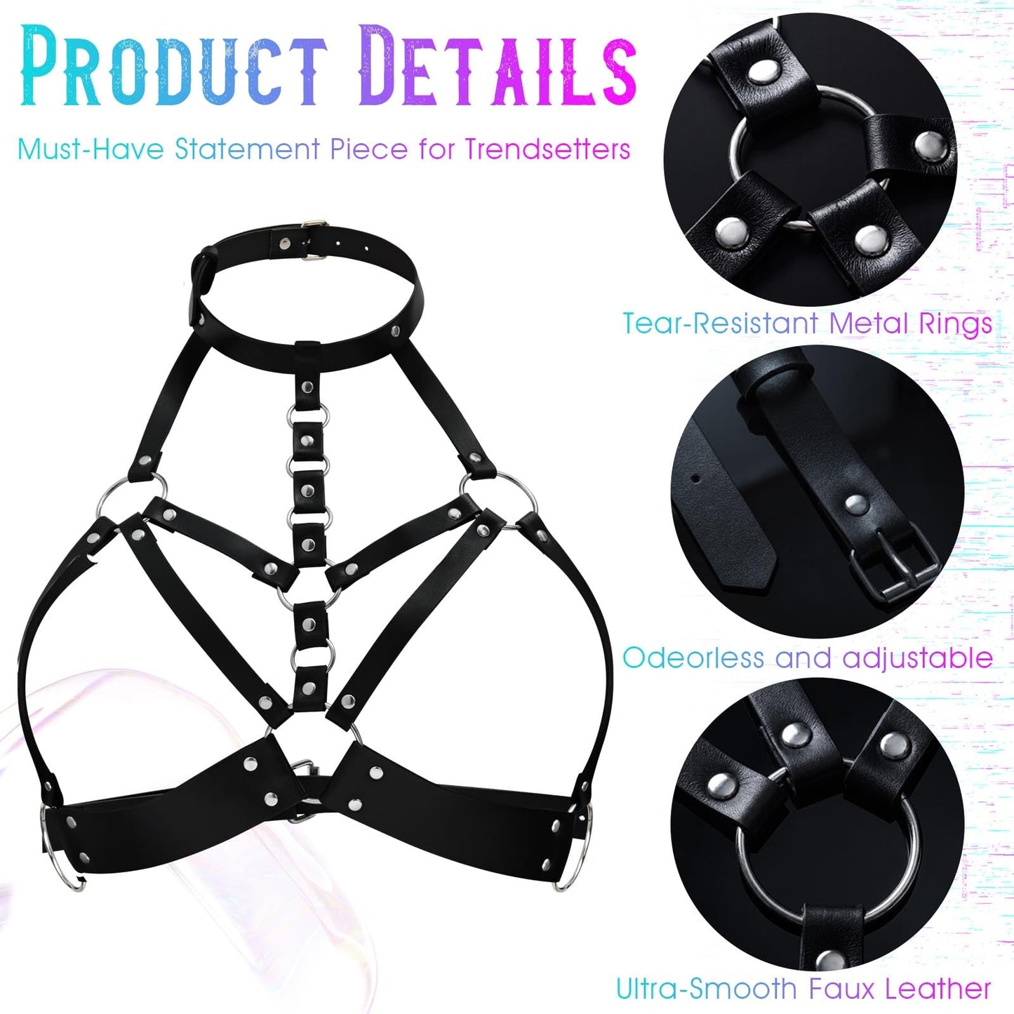 Sethexy Leather Body Chain Chest Chain Jewelry Adjustable Black Rave Goth Bra for Women