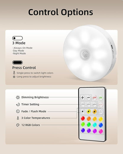 EZVALO Under Cabinet Lighting,1000mAh Rechargeable Puck Lights with Remote,3 Color Temps & 12 RGB Motion Sensor Closet Lights Indoor,Dimmable Under Cabinet Lights for Kitchen,Cabinets,Closet (3 Packs)