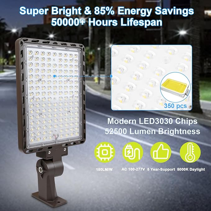 350W Parking Lot Light LED, 52500LM 5000K Super Bright Dusk to Dawn Commercial Shoebox Lights Outdoor IP65 Waterproof Adjustable Heavy-Duty Street Floodlight Security Area Stadium Lighting