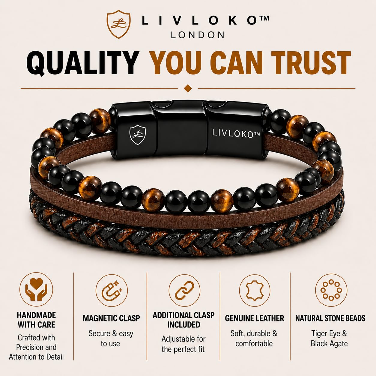 LIVLOKO Mens Bracelet Leather Black Multi-Layer Bracelet for Men Magnetic Clasp Rope Wristband Mens Gift for Boyfriend (Medium to Large 20-22cm, B. 19-22cm Black Brown Tiger-Eye Adjustable)