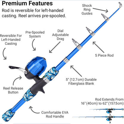 Lanaak Beginner Kids Fishing Pole & Tackle Box - Camo Blue Kids Fishing Rod