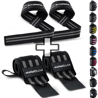 Fitgriff® Lifting Straps & Wrist Wraps (Bundle) Superior Support for Weightlifting & Gym Workouts - for Men and Women (Black/Grey)