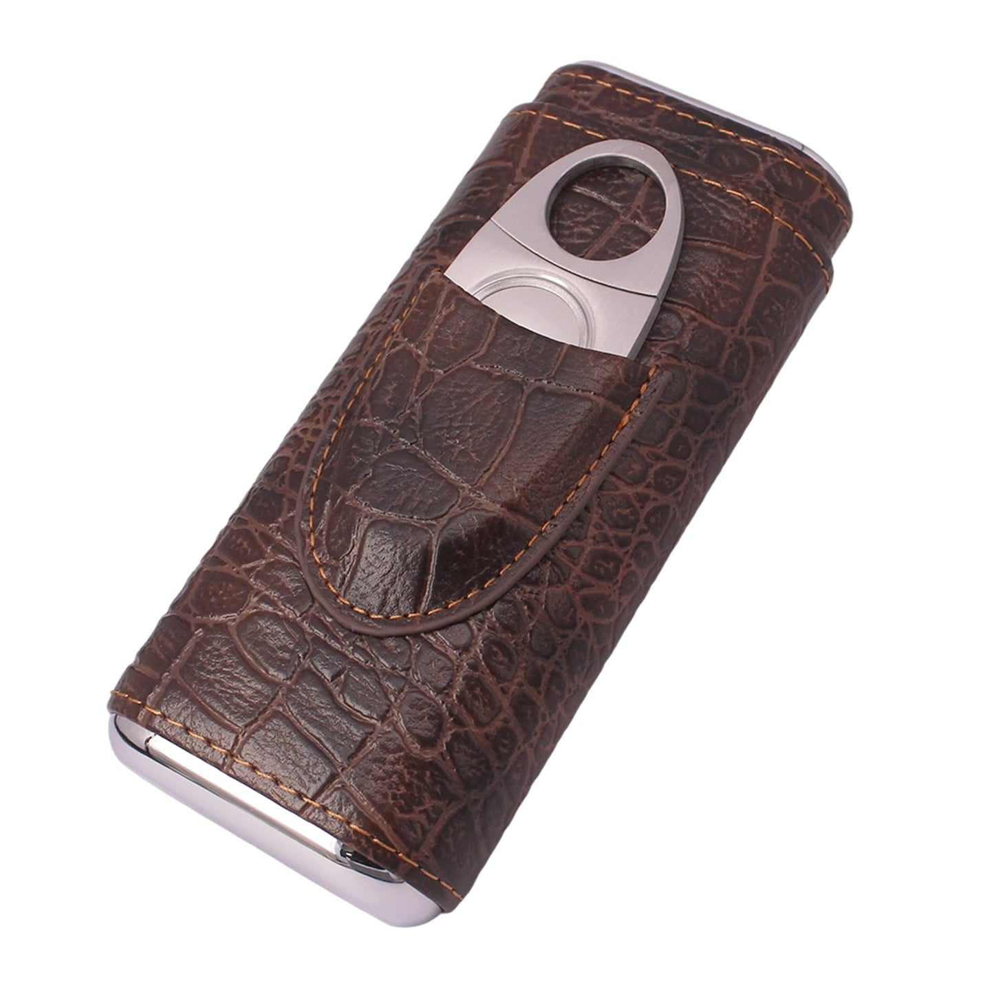 AMANCY 3-Finger Classy Black Brown Crocodile Pattern Leather Cigar Case With Small Humidifier and Cutter