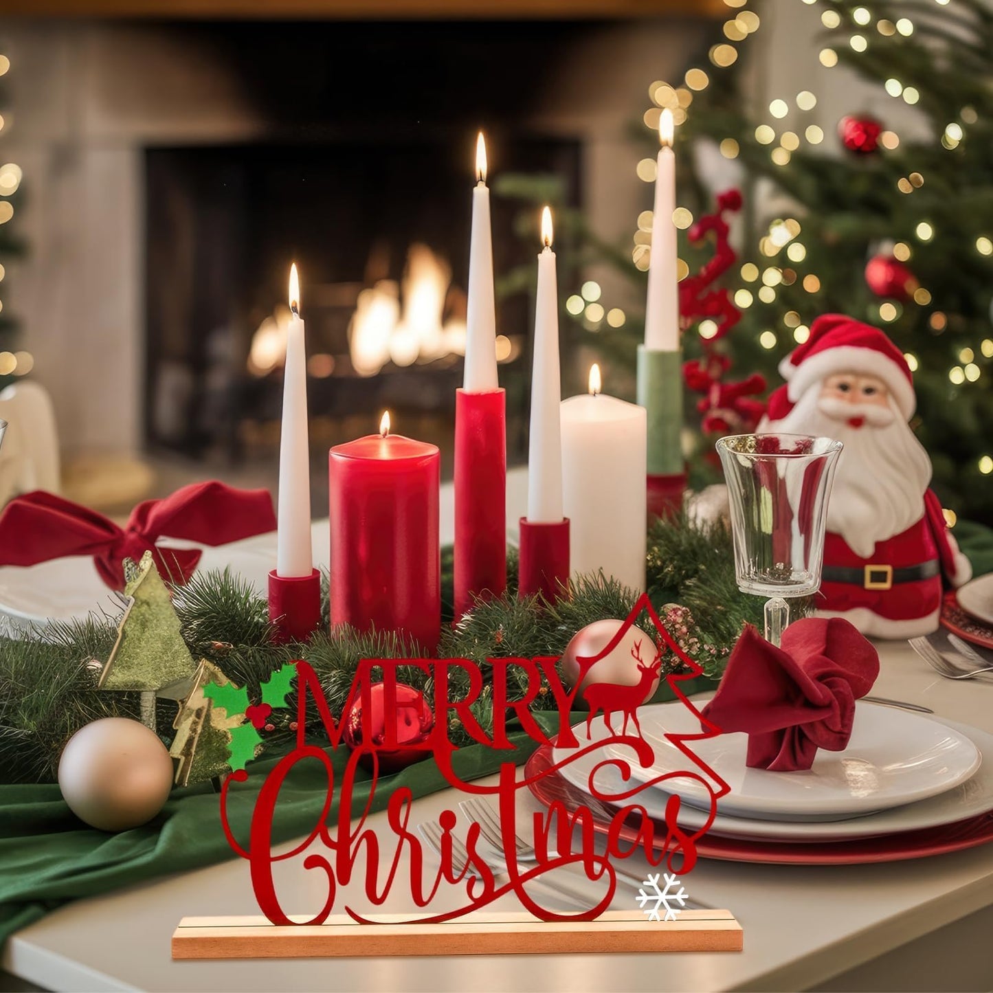 Metal Merry Christmas Table Sign Xmas Tabletop Centerpiece with Wooden Base Freestanding Rustic Tiered Tray Decor for Home Mantel Shelf Fireplace Decoration (Red)