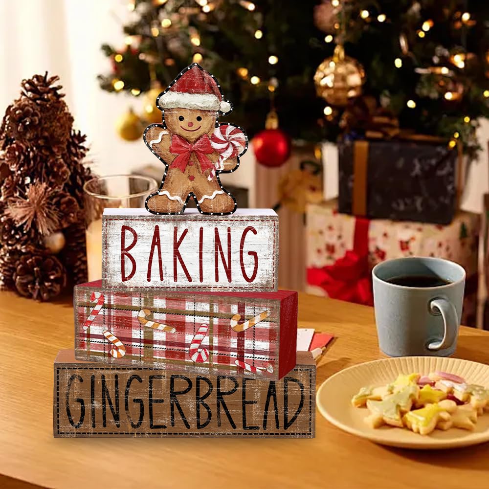 DIYDEC 4Pcs Christmas Table Decoration Gingerbread Man Wooden Block Sign Christmas Tiered Tray Decor Centerpiece Decorative Sign for Xmas Holiday Tabletop Coffee Fireplace Shelf Desk Party Decor