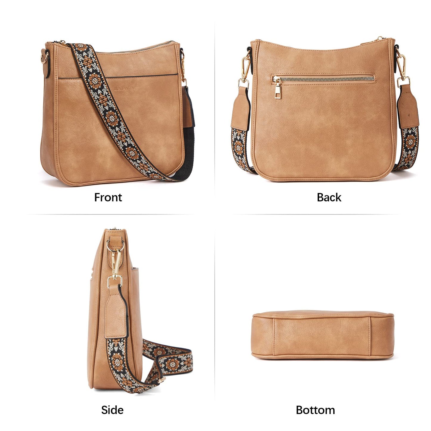 BOSTANTEN Crossbody Bags for Women Trendy Vegan Leather Hobo Purses Shoulder Handbags With Wide Shoulder Strap Camel Brown