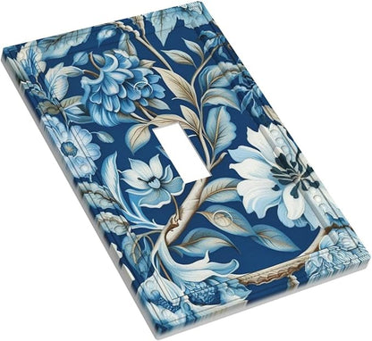 Blue Flowers Branches Leaves Floral Pattern Light Switch Covers 1 Gang Single Toggle Wall Plate Decorative Switchcover Electrical Switchplate for Country Living Decor