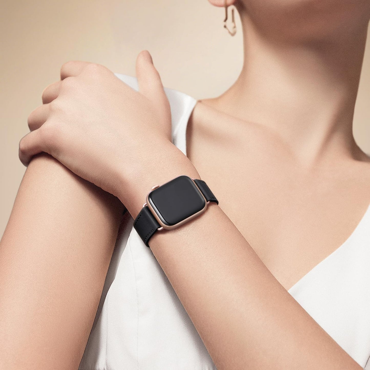 Bestig Leather Bands Compatible with Apple Watch Band 38mm 40mm 41mm 42mm(Series 10 11) for Women Men, Wristband Strap for iWatch SE3/2/1&Series 9 8 7 6 5 4 3 2 1(Black+Rose Gold)