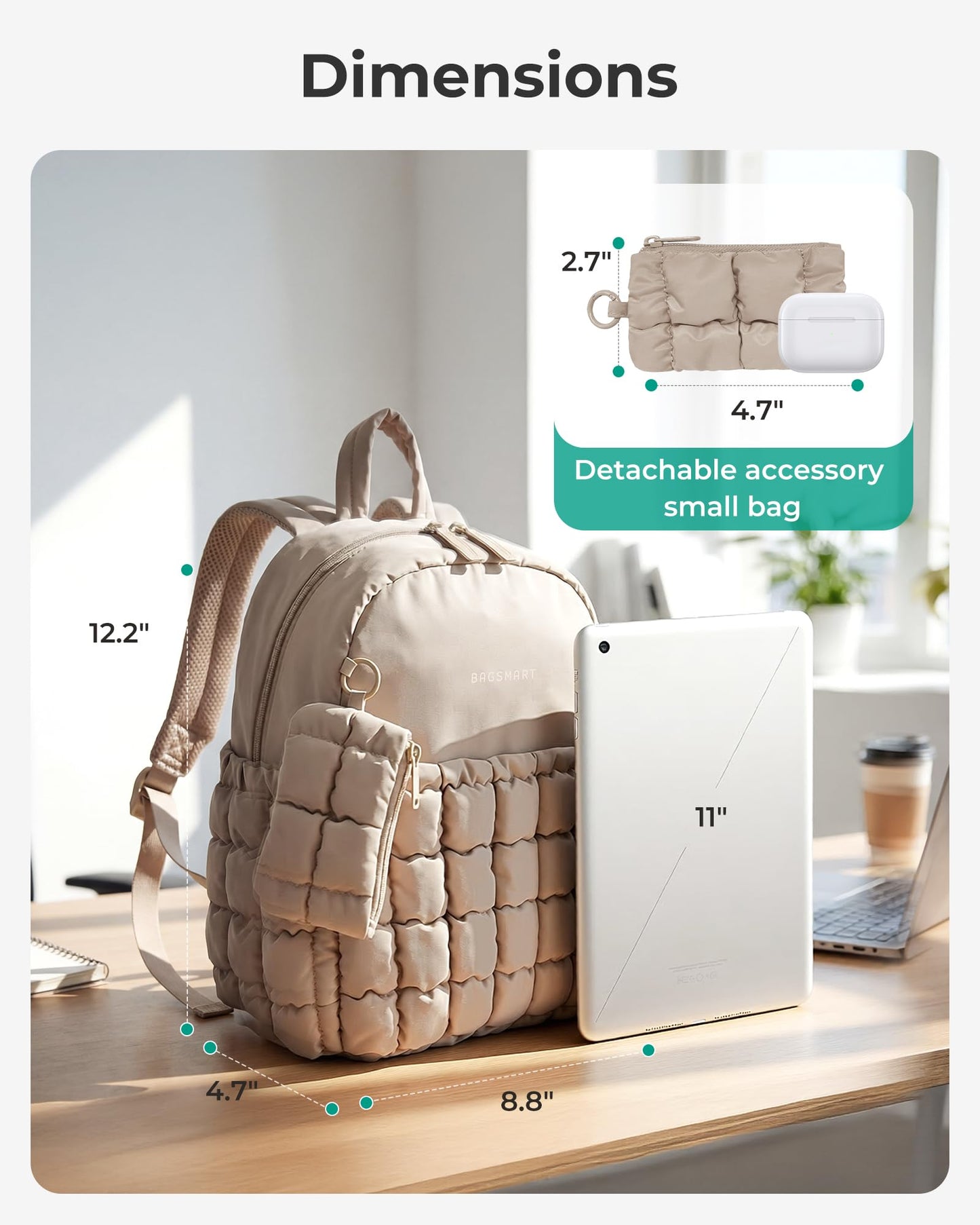 BAGSMART Mini Backpacks for Women, Puffy Checkered Quilted Small Backpack with Pouch, Lightweight Daypack Purse, Water-Resistant Bookbag for Daily Travel College, 2-in-1 Set, Brown