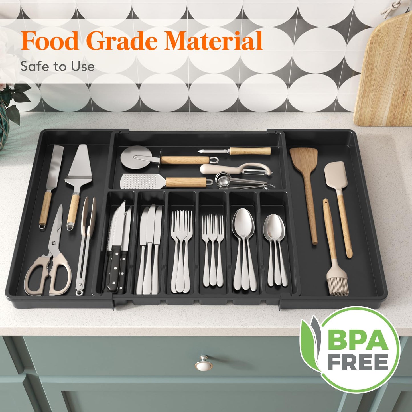 Lifewit Silverware Drawer Organizer, Expandable Utensil Tray for Kitchen, BPA Free Flatware and Cutlery Holder, Adjustable Plastic Storage for Spoons Forks Knives, 8.5"-14.1" x 12.1", Black