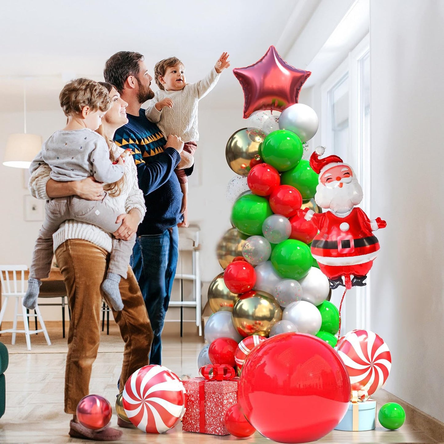 134 Pcs Christmas Balloon Garland kit, Green Red White Gold Balloons Garland Arch Kit, Xmas Candy Cane Foil Balloons Santa Claus Red Star Balloons for New Year Christmas Party Decorations Supply