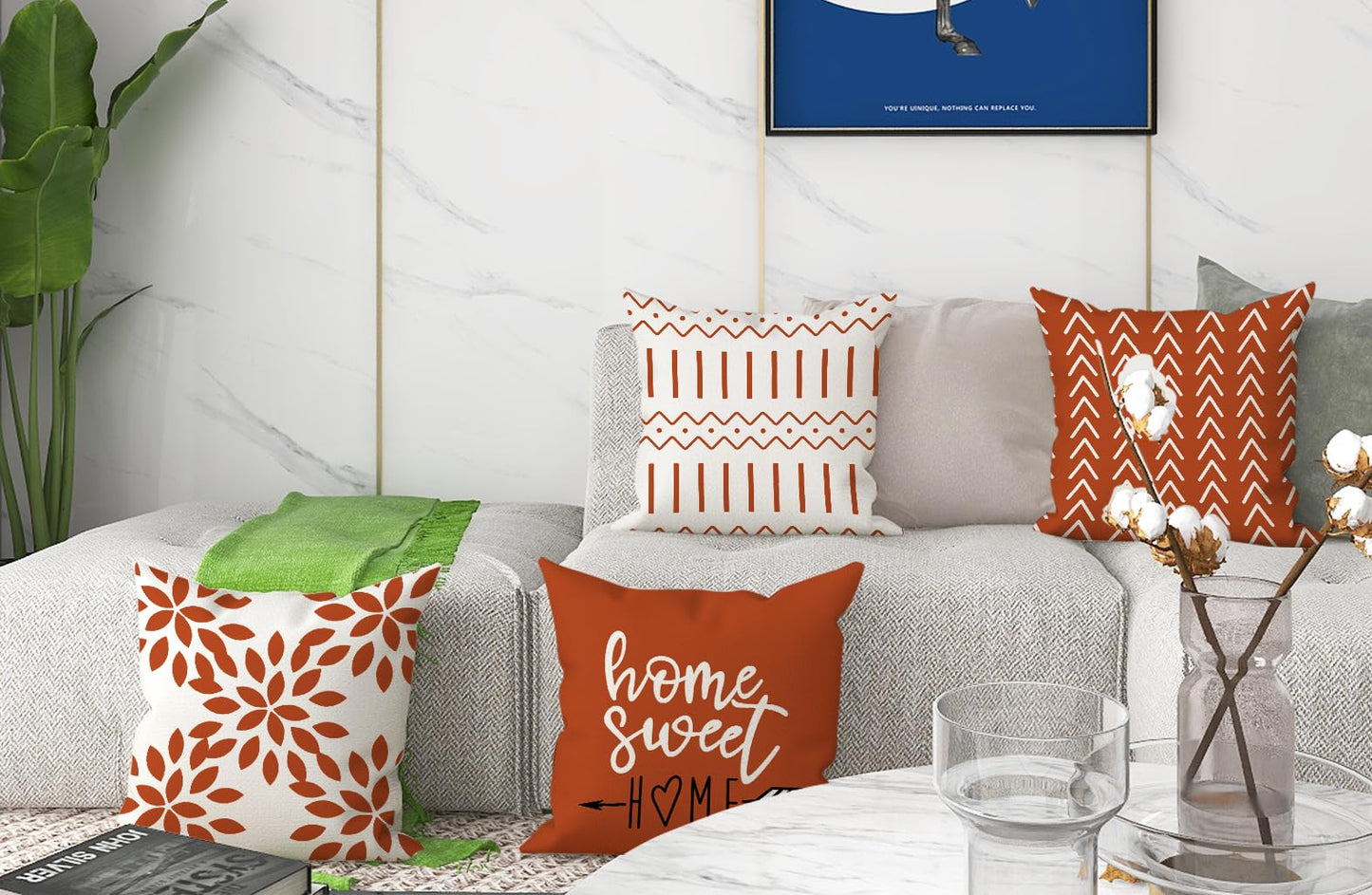 YCOLL Burnt Orange Linen Pillow Covers 18x18 Set of 4, Home Sweet Home Farmhouse Throw Pillow Covers, Holiday Decorative Cushion Covers for Sofa Couch Bed, Autumn Burnt Orangeic Fall Decor