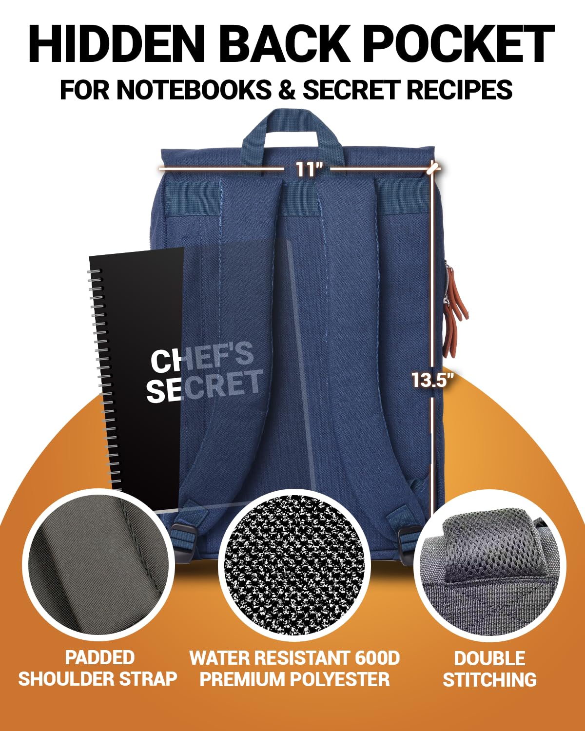 Chef Knife Bag Vintage Backpack VINTAGE, Professional Knife Carrying Case for Chefs & Culinary Students, 30+ Pockets, Holds 10" Knives, Water-Resistant 600D Material (Heather Blue)