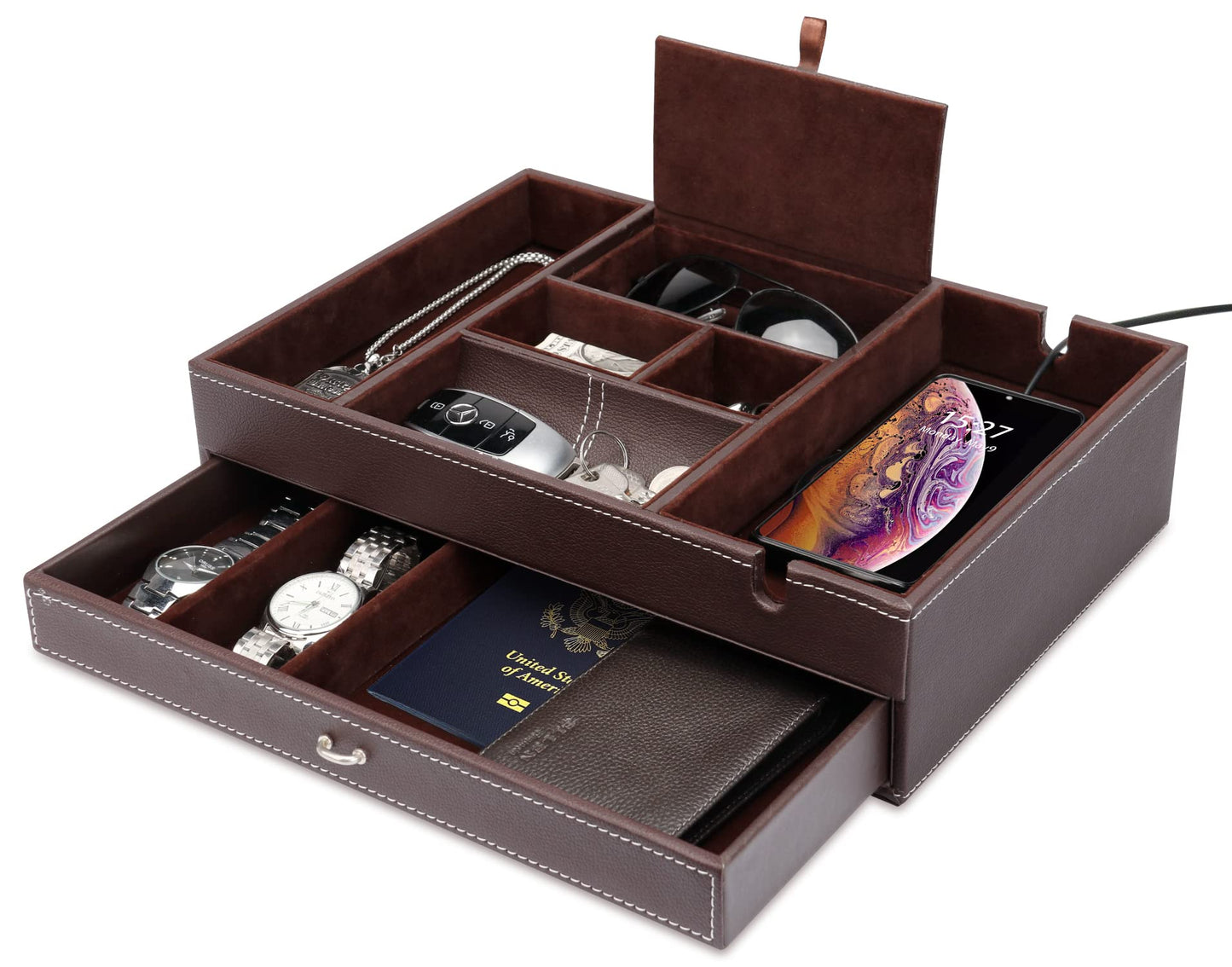 Baoyun Valet Tray for Men, 2 Layers Nightstand Organizers for Men and Women, Leather Jewelry Storage Box, Mens Dresser Top Organizer, Catch All for Jewelry Key Wallet and Phone (Brown)