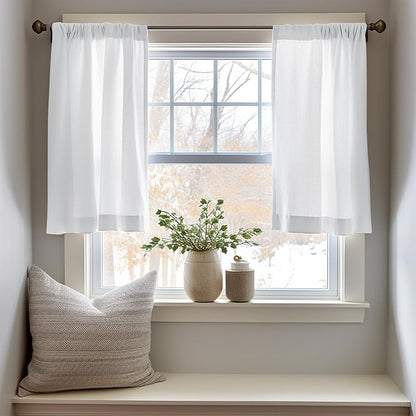 jinchan Linen Textured Tier Curtains 24 Inch for Kitchen Windows Farmhouse Cafe Curtains Small Drapes Rustic Light Filtering Half Window for Living Room Laundry Rod Pocket 2 Panels White