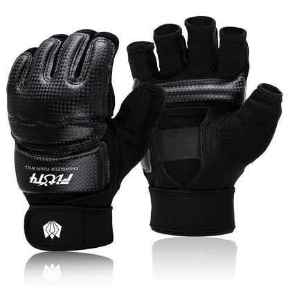 FitsT4 Sports Half Mitts MMA UFC Training Boxing Punch Bag Kickboxing Sparring Grappling Martial Arts Muay Thai Taekwondo Wrist Wraps Support Gloves for Women Men Kids Black L