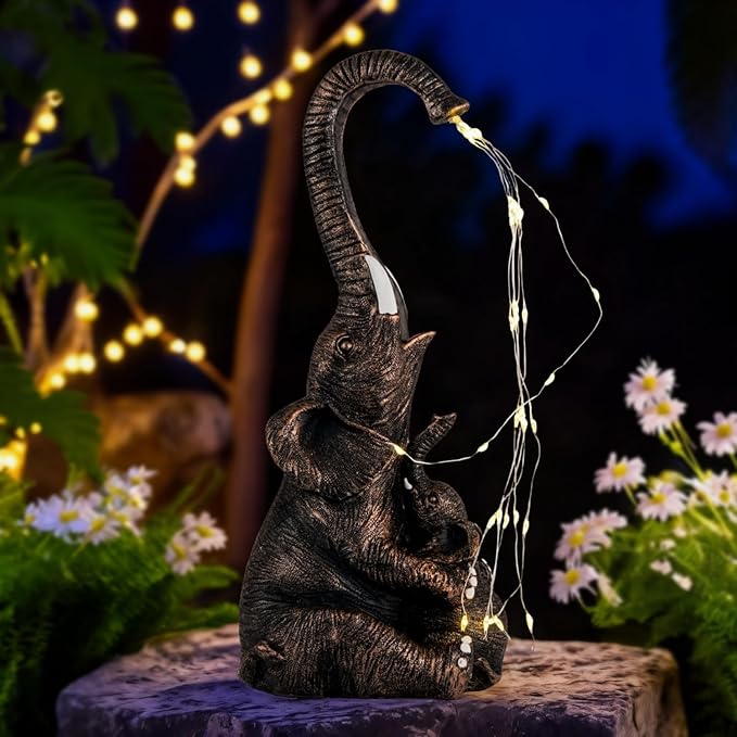 Elephant Statue with Solar Watering Lights, Outdoor Garden Decor for Patio, Yard, Lawn, Unique Gifts for Women, Mom – Resin Elephant Sculpture (Copper Two Elephants)