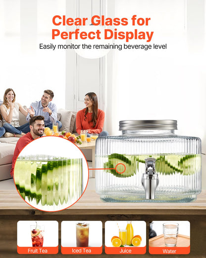 VEVOR Beverage Dispenser, 0.8 Gallon Drink Dispensers for Parties, Glass Juice Dispenser with No-Drip Spigot and Lid, Iced Tea Lemonade Juice Water Dispensers for Restaurants, Hotels, Parties