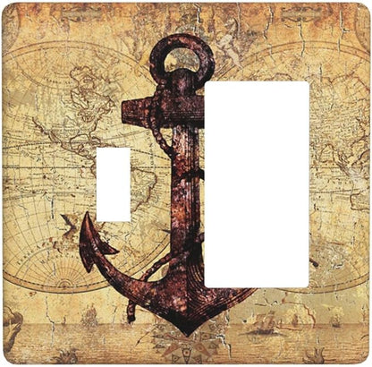Anchor Nautical Vintage Map 2 Gang Light Switch Covers Single Toggle Rocker Combo Wall Plate Electrical Faceplate Decorative Switchplate for Office Livingroom Home Decor