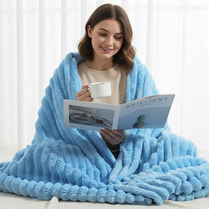 decorUhome Soft Fleece Blue Twin Blanket for Bed, Cozy Fluffy Plush Flannel Striped Throws for Couch Sofa, Lightweight Decorative Ribbed Fuzzy Blanket for Woman, 60x80 Inches