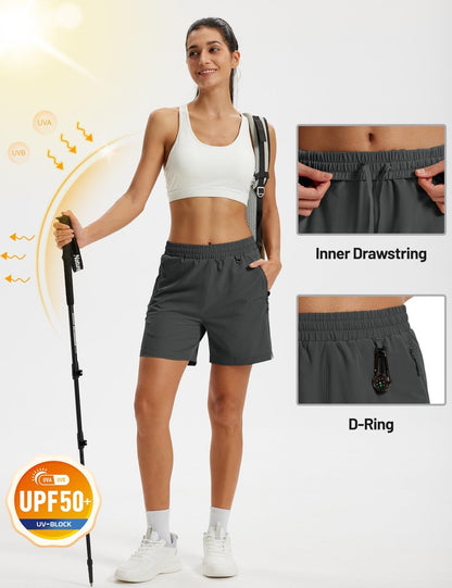 TACVASEN Women's Lightweight Hiking Shorts Quick Dry Water Resistant UPF 50+ Athletic Shorts with Pockets Drawstring Workout Casual Dark Grey L