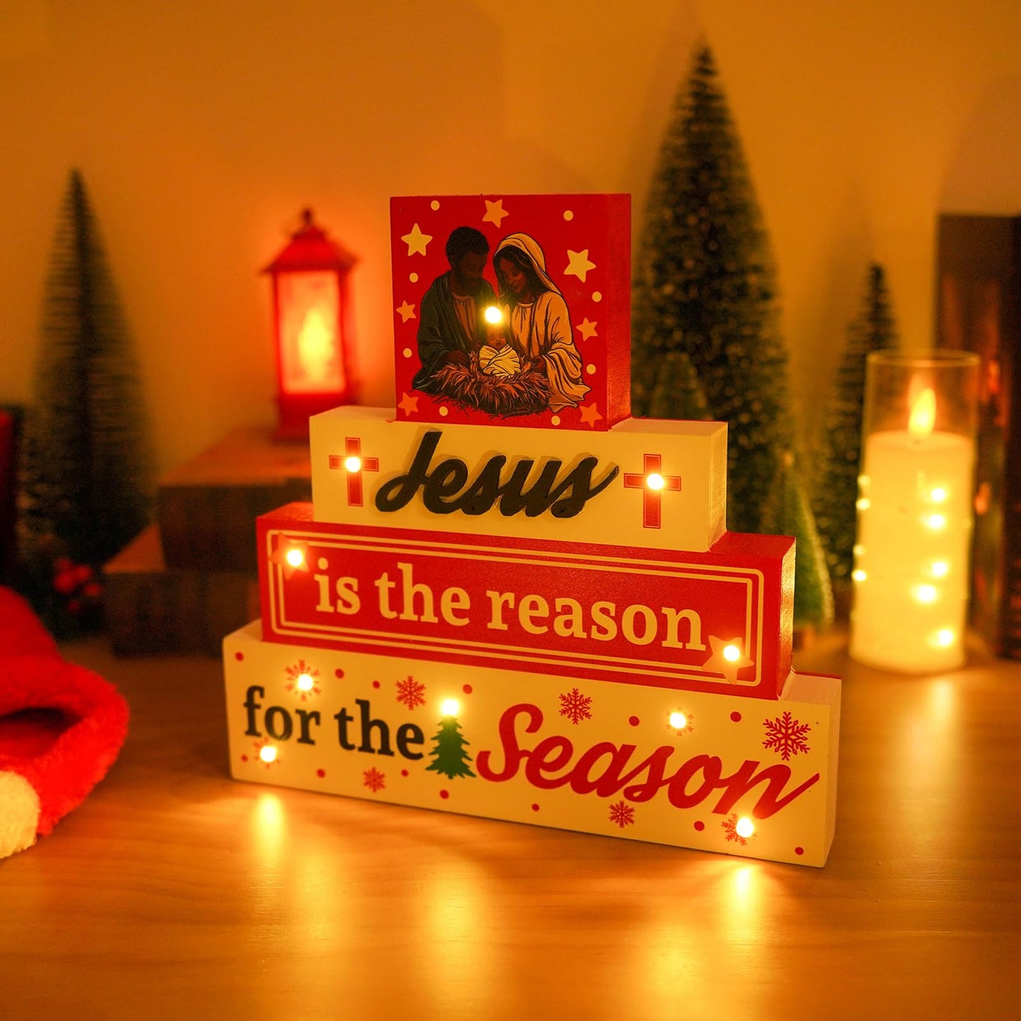 Black Santa - Led African American Christmas Decorations Jesus Is The Reason For The Season Nativity Scene Christian Wooden Sign for Table Religious Home Office Decor 9 × 9 Inch
