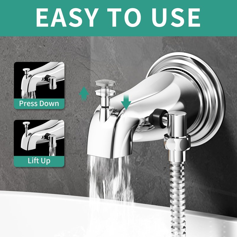 HEROBAI All Metal Bathtub Faucet Sprayer Attachment, Tub Spout with Diverter and Filtered Shower Head, Bathtub Hose Attachment for Tub Faucet, 3 Settings Hand Held Shower with On/Off Switch (Chrome)